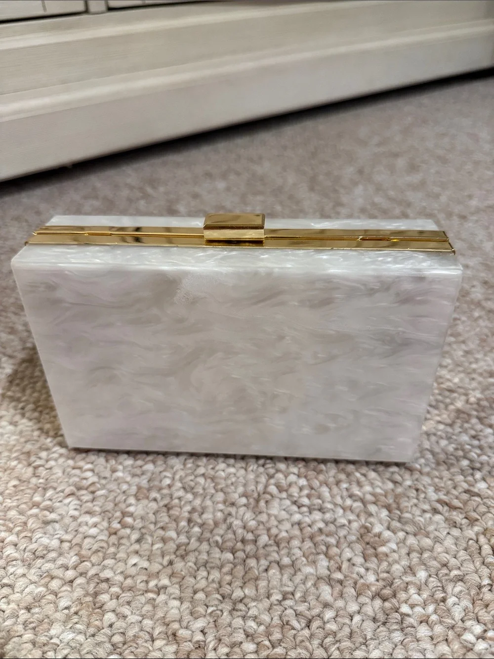 Pearlescent White Acrylic Box Clutch with Gold Accent